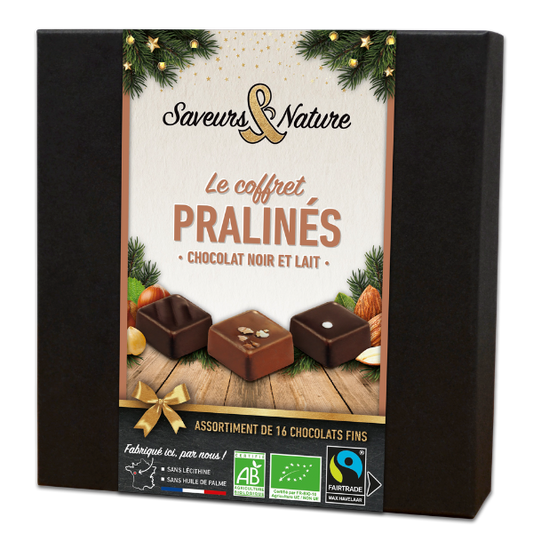 Coffret assortiment de 16 pralinés enrobés de chocolat noir et lait bio - 1